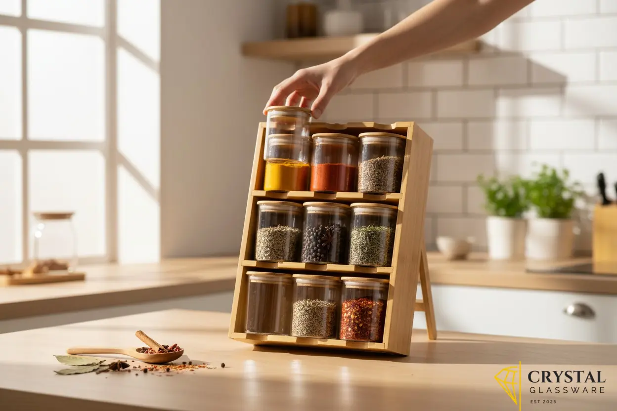 9-piece spice rack features clear glass jars with bamboo lids